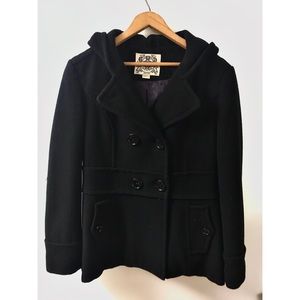 REAL WOOL! Women’s Black Hooded Button-Up Pea Coat